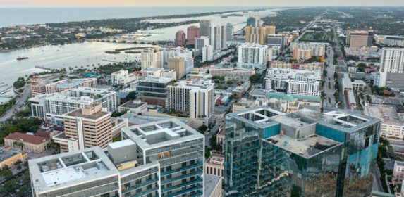 Aerial view of downtown West Palm Beach, Florida condo perspective