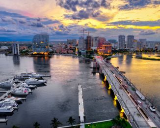 aerial view of downtown West Palm Beach and Okeechobee Bridge